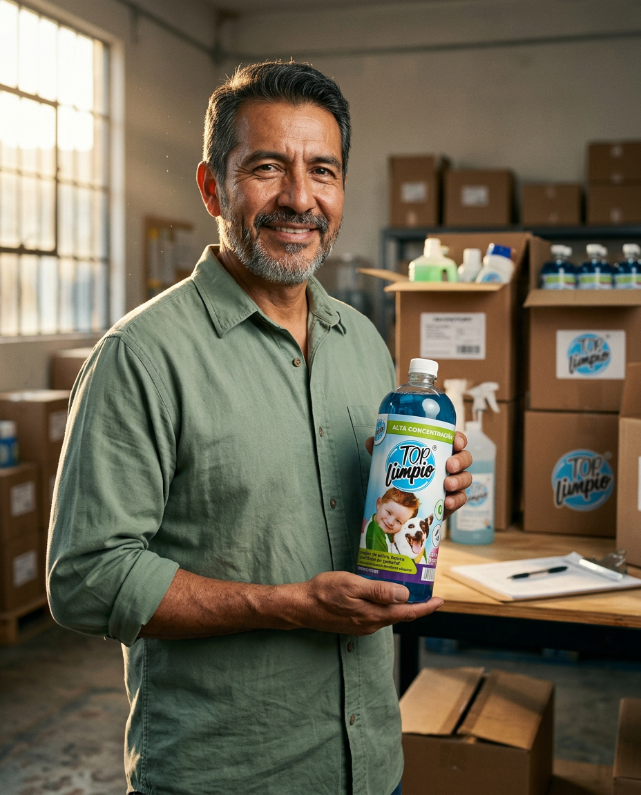 El dueño de Top Limpio sosteniendo una botella en su taller de Mazatlán