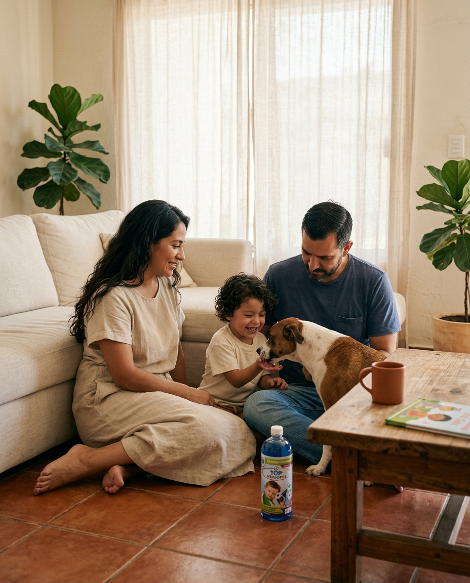 Familia mexicana con perro en sala de estar