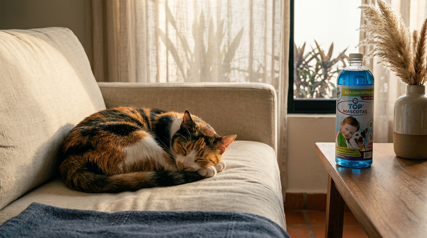 Gato calico sobre sofá limpio con botella de Top Limpio al lado