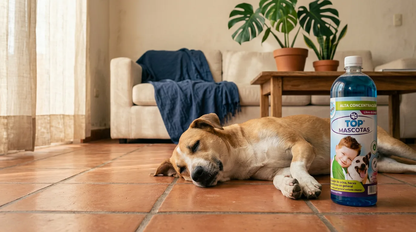 Perro dormido sobre piso de terracota mazatleco junto a botella de Top Mascotas por Top Limpio