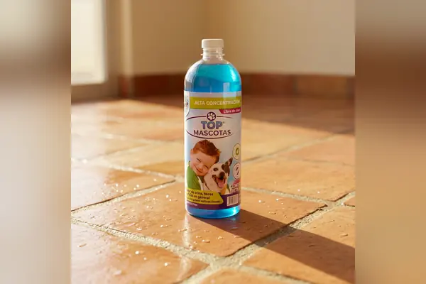 Botella de Top Mascotas sobre piso de barro
