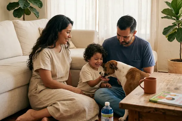 Familia en la sala jugando con su perro