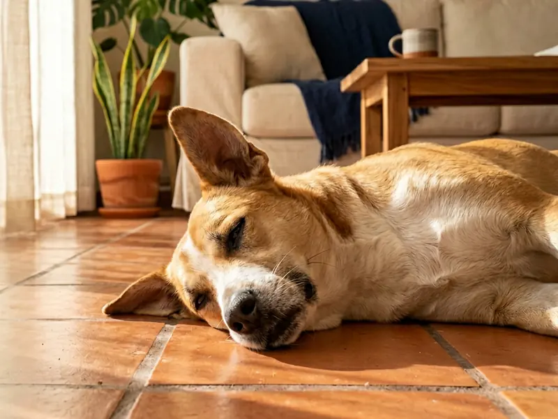 Perro dormido sobre piso de barro en una sala mexicana