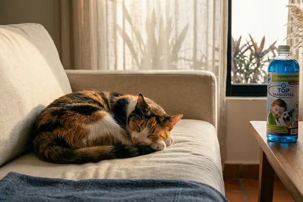 Gato dormido en un sillón claro junto a una botella de Top Mascotas