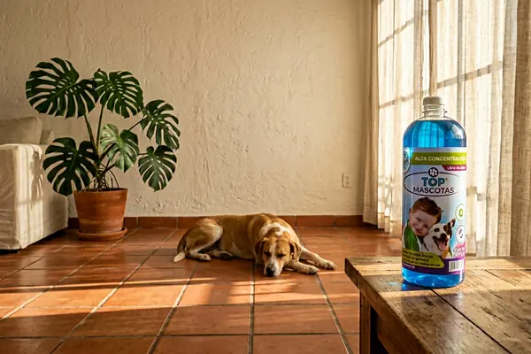Perro echado sobre piso de barro con una botella de Top Mascotas en la mesa